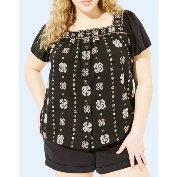 TORRID Embroidered Square Neck Flutter Sleeve Boho Top Sz 1X NEW NWT - Picture 1 of 8